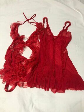 Leg Avenue Red Lace & Mesh Ribbon Babydoll Nightie Lingerie lot SMALL